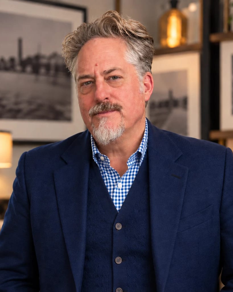 Greg Gonser standing in his office, wearing a navy blazer and vest over a blue gingham shirt