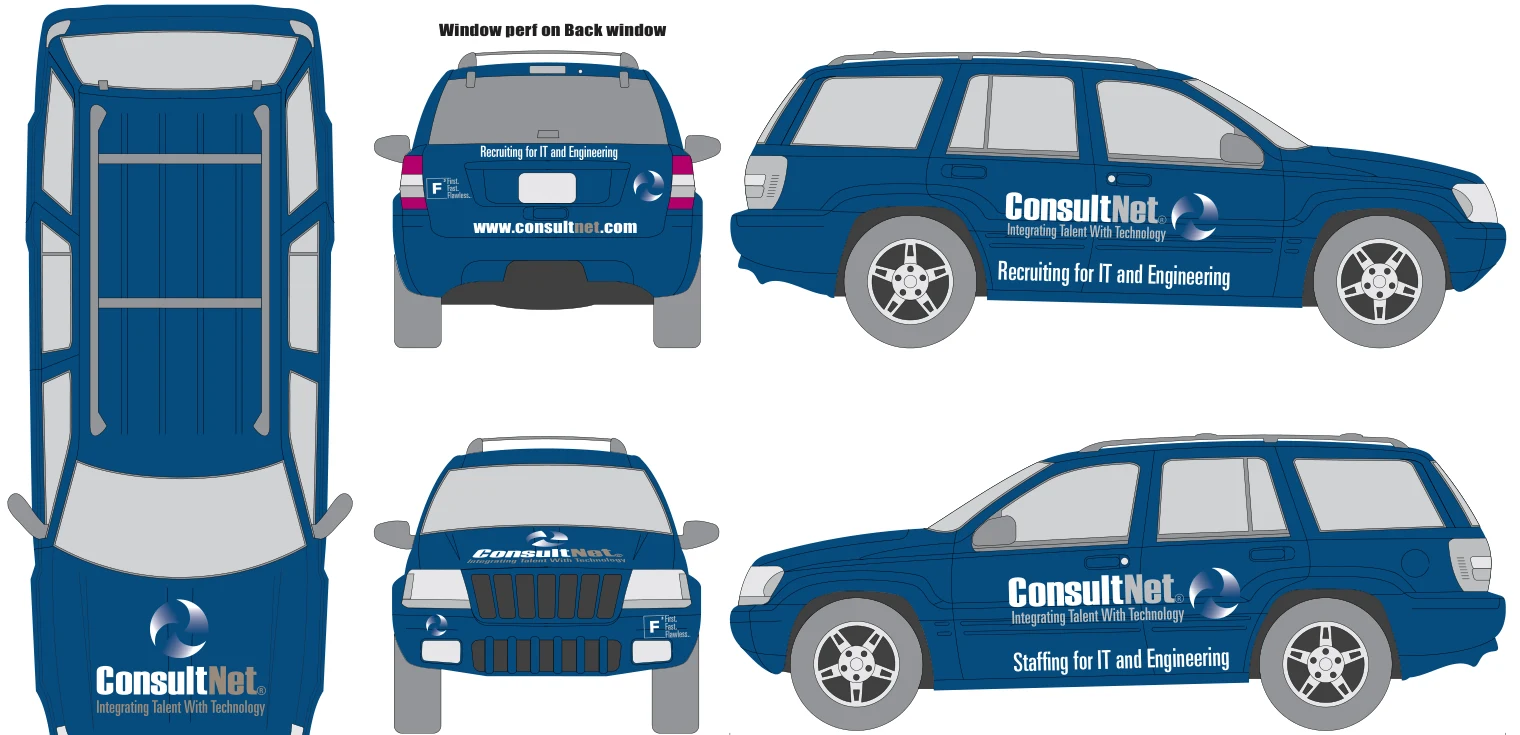 ConsultNet vehicle wrap proof: a navy Jeep shown from the top, front, back and both sides, with the ConsultNet logo and “Recruiting for IT and Engineering”