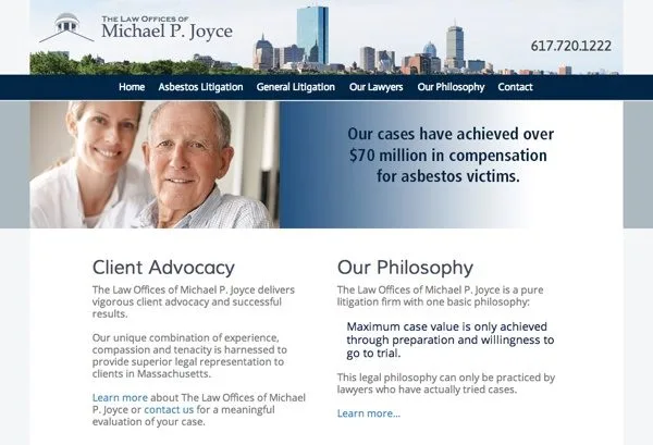 Homepage of the Law Offices of Michael P. Joyce website, with the Boston skyline in the header and sections on client advocacy and the firm’s philosophy