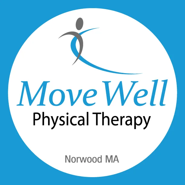 MoveWell Physical Therapy logo: a figure in motion above the name, on a blue circle, Norwood MA