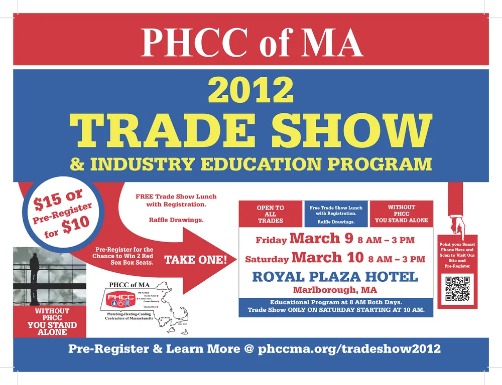 Red, white and blue flyer for the PHCC of MA 2012 Trade Show and Industry Education Program at the Royal Plaza Hotel, Marlborough