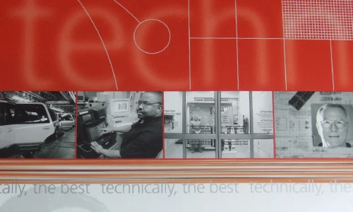 TAC Worldwide “technically, the best” folder: a red cover with large “tech” lettering above black-and-white photos of technical workers